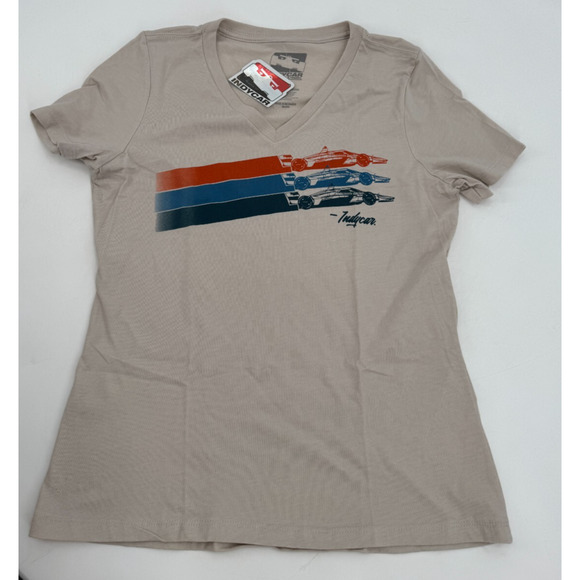 IndyCar T Shirt Womens Stripe Car V Neck Heathered Dust Beige Size Large New - Picture 1 of 6